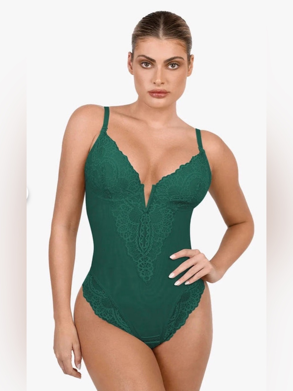 Popilush Deep V Lace Sculpting Thong Bodysuit Green NWT (MEDIUM)